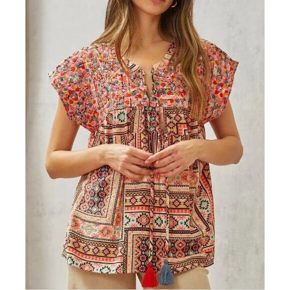 Savanna Jane Women's Multicolored Print Babydoll Top - Picture 1 of 9